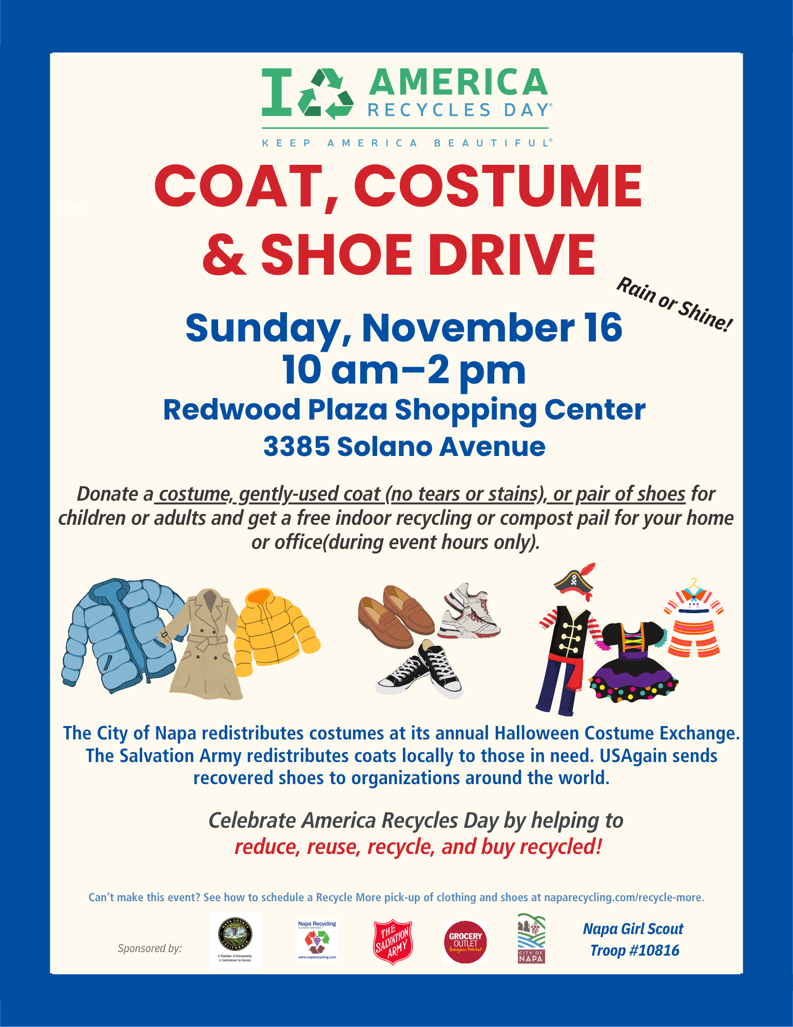 America Recycles Day Coat, Costume and Shoe Drive Event Flier